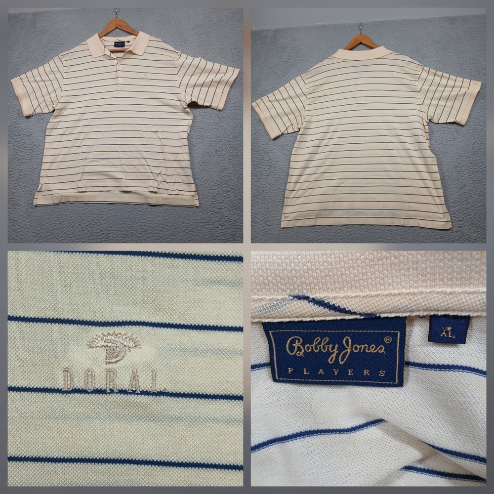 Bobby Jones Players Doral Golf Polo‎ Shirt Men's XL Cream Navy Stripe